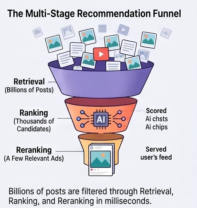 Diagram: the multi-stage recommendation funnel — retrieval narrows billions of posts to thousands, ranking to hundreds, reranking to the few served to your feed