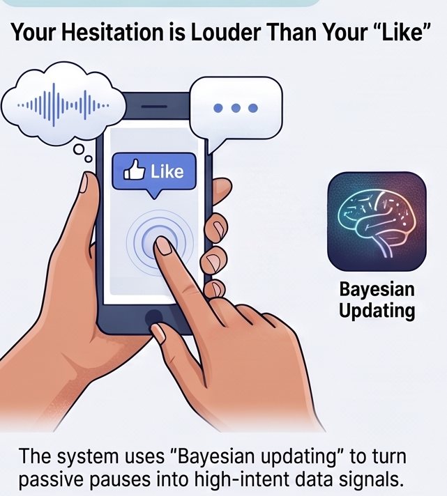 Illustration: a thumb hovering over a Like button — the system uses Bayesian updating to turn passive pauses into intent signals
