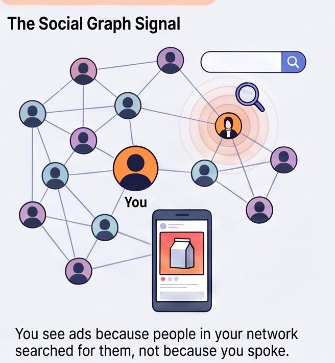 Diagram: the social graph signal — you can see an ad because people in your network searched for it, not because you spoke