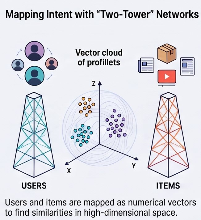 Diagram: two-tower networks map users and items as numerical vectors to find similarities in high-dimensional space
